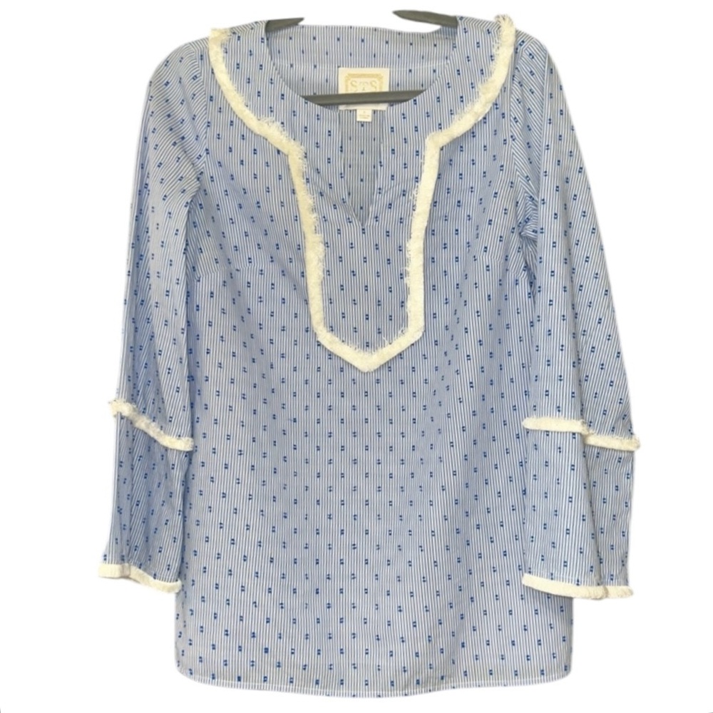 Sail to Sable V Neck Tunic Blouse Blue White Preppy Small Nautical Old Money